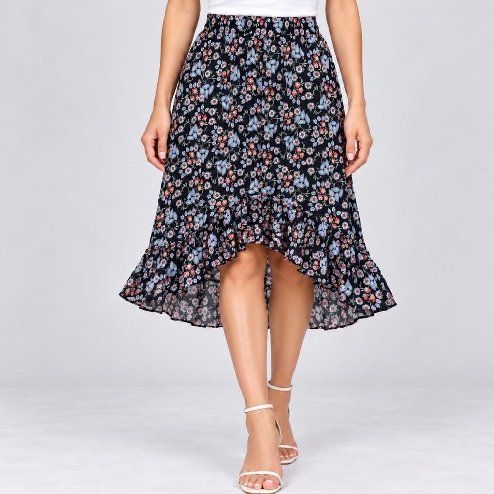 LOFT Floral High-Low Midi Skirt XL Navy Blue Good Ruffle Button Detail